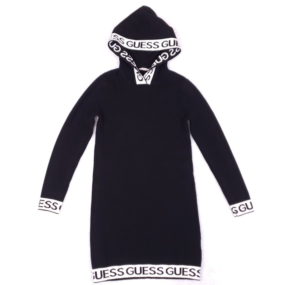 GUESS‎ Girls 10 Hooded Sweater Dress Black Logo Trim Long Sleeve Athleisure